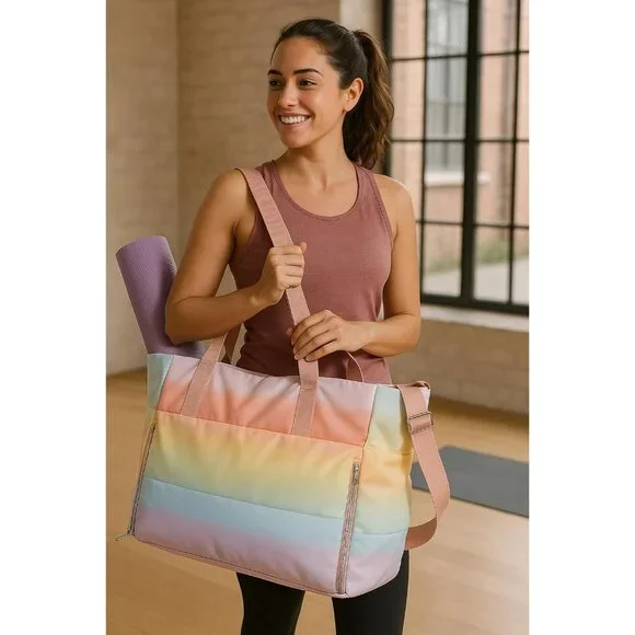 Rainbow Pastel Waterproof Beach Tote Bag for Women - Lightweight Quilted Shoulde - Picture 6 of 8